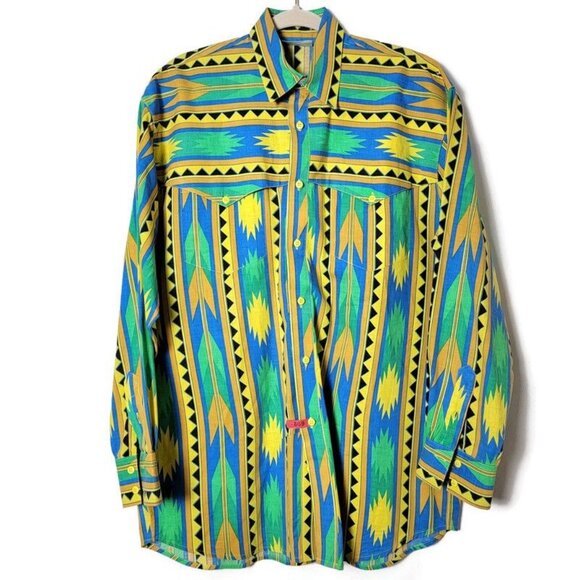 VTG Western Signatures by Eds West Mens Colorful Aztec Long Sleeve Shirt Large - Picture 1 of 10